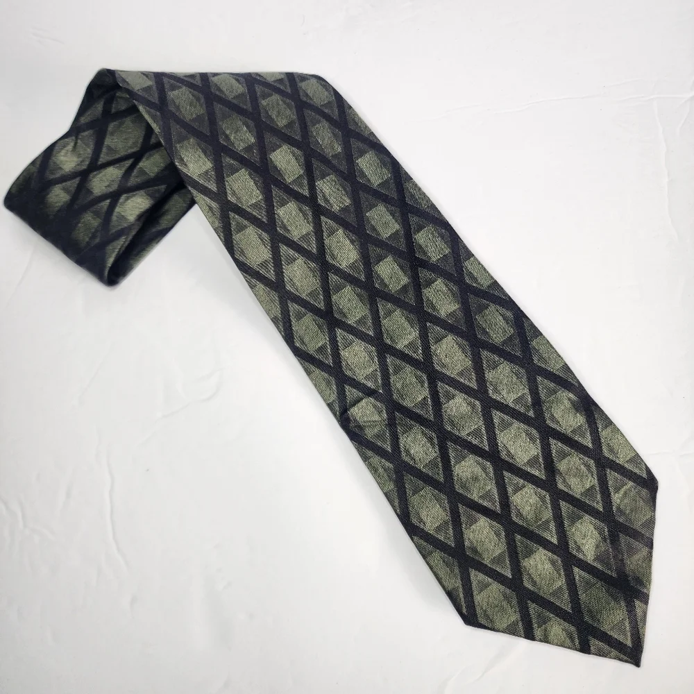POLIFRONI MILANO Geometric Green and Black Men's Silk Tie.